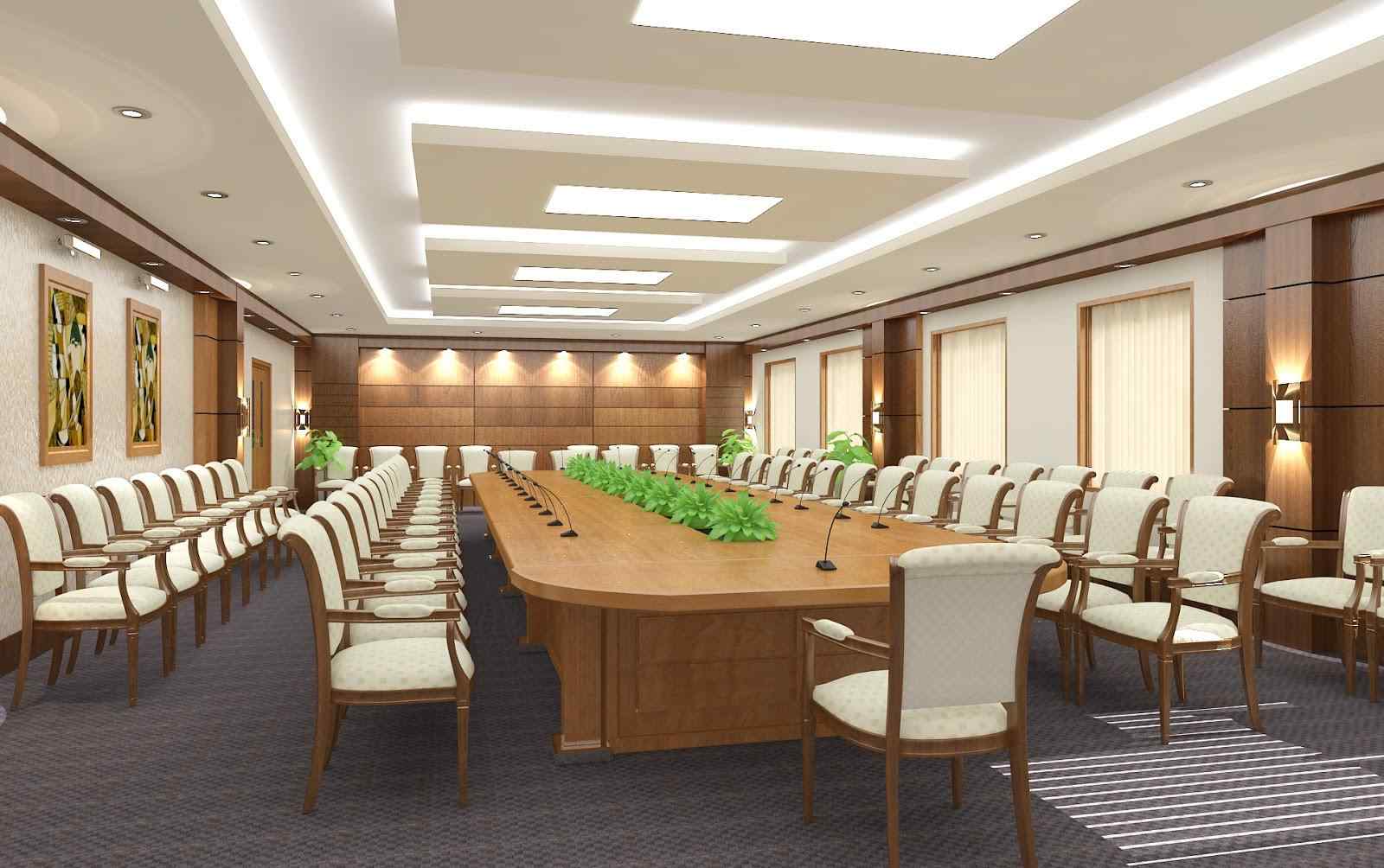 Mẫu thiết kế phòng họp cao cấp với bàn họp lớn dạng chữ nhật, ghế bọc sáng màu bố trí đồng đều hai bên (nguồn: sưu tầm)