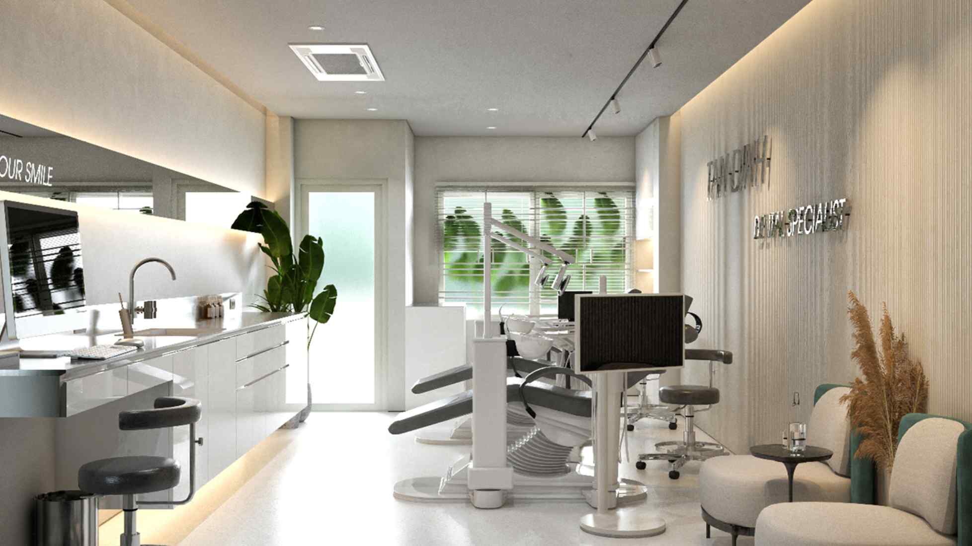 Không gian nha khoa sáng thoáng, tận dụng ánh sáng tự nhiên và cây xanh (nguồn: sưu tầm)
