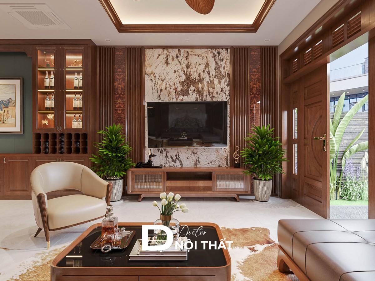 Nội thất nhà phố gỗ tự nhiên cao cấp kết hợp đá ốp tường trang trí mang phong cách sống xanh bền vững và gần gũi thiên nhiên.