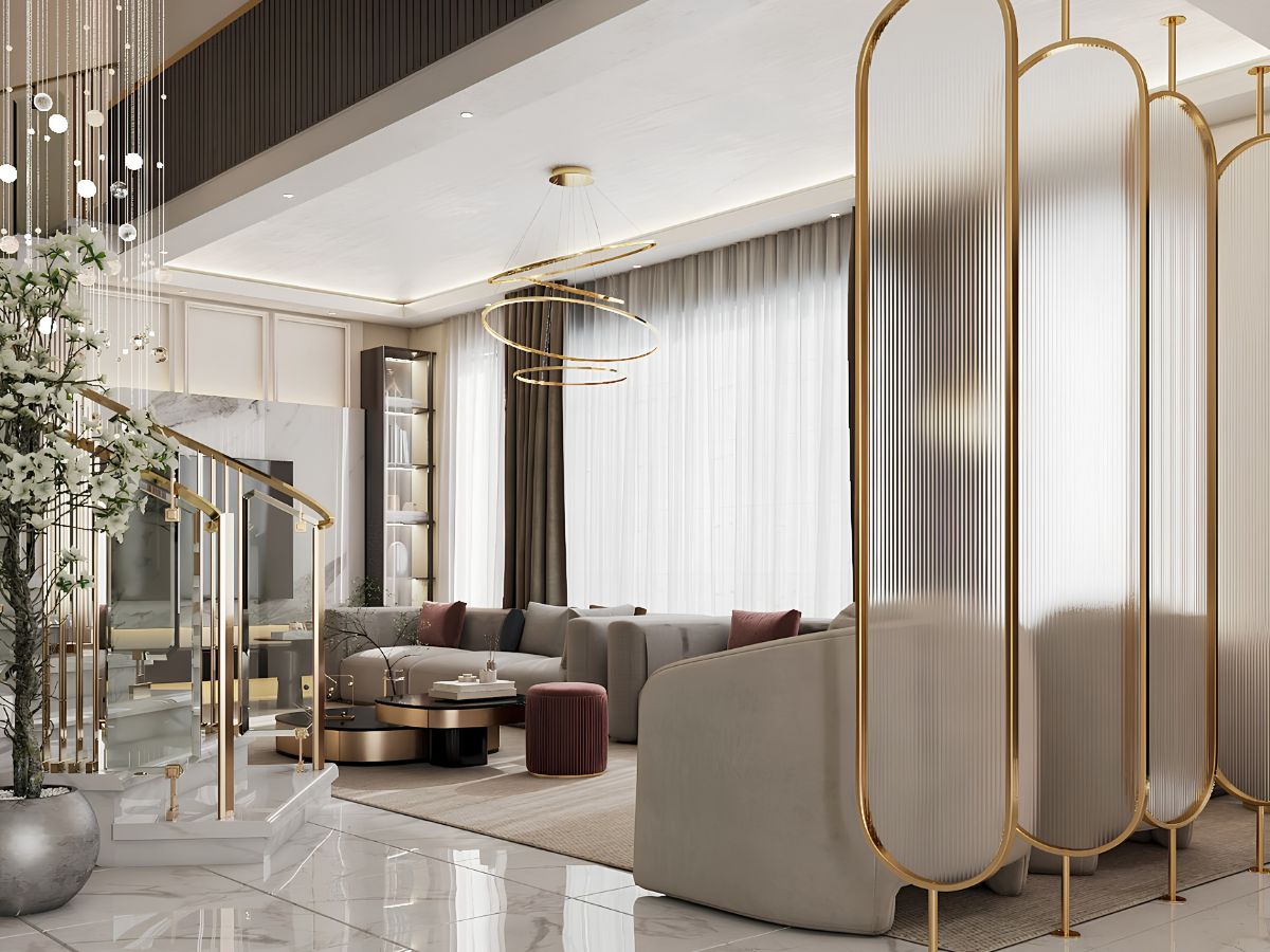 thiết kế phòng khách biệt thự song lập phong cách Luxury