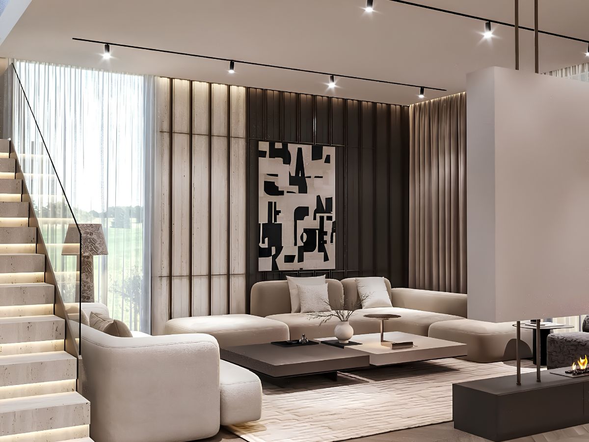 thiết kế nội thất biệt thự liền kề phòng khách hiện đại với cầu thang kính và vách lam gỗ