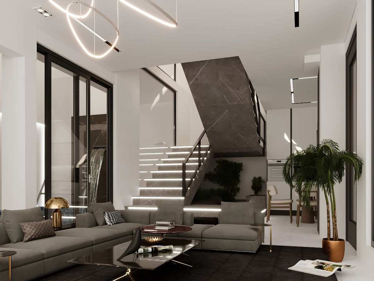 thiết kế nội thất biệt thự liền kề phòng khách cầu thang marble đen đèn thả vòng tròn