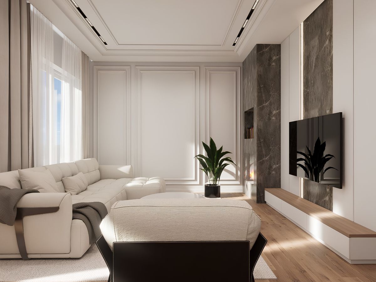 thiết kế nội thất biệt thự liền kề phong cách tân cổ điển phòng khách trắng kem đá marble