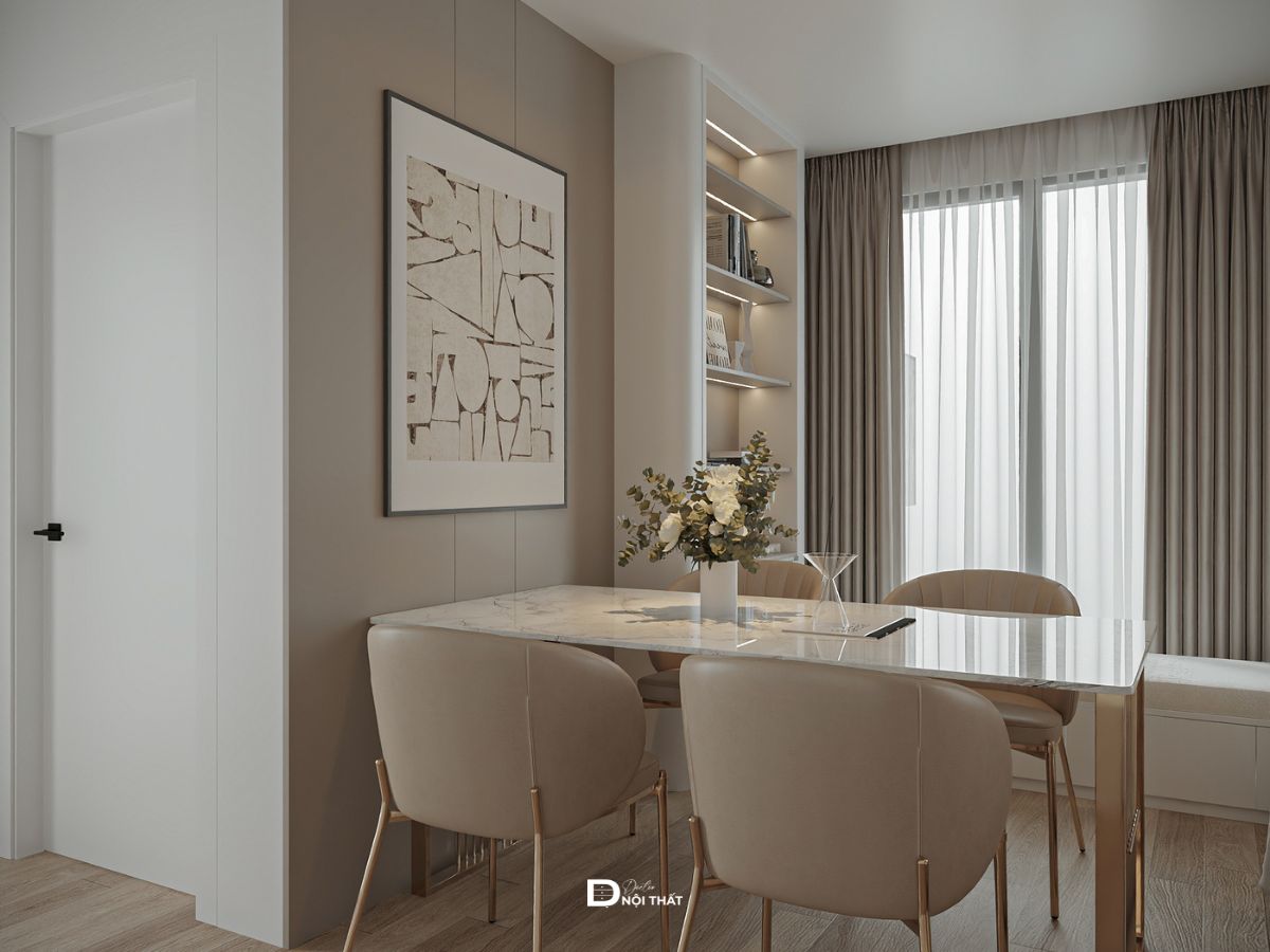 Bàn ăn 4 ghế cạnh kệ sách âm tường trong căn hộ chung cư 57m2