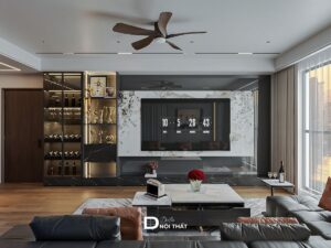 Thiết kế nội thất phòng khách hiện đại với sofa da góc L màu đen và vách tivi ốp đá marble sang trọng.