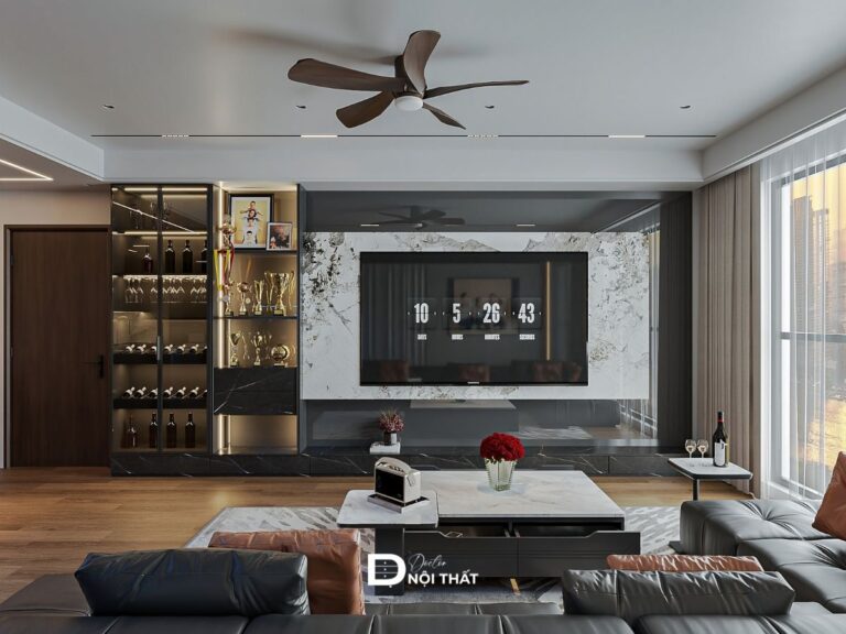 Thiết kế nội thất phòng khách hiện đại với sofa da góc L màu đen và vách tivi ốp đá marble sang trọng.