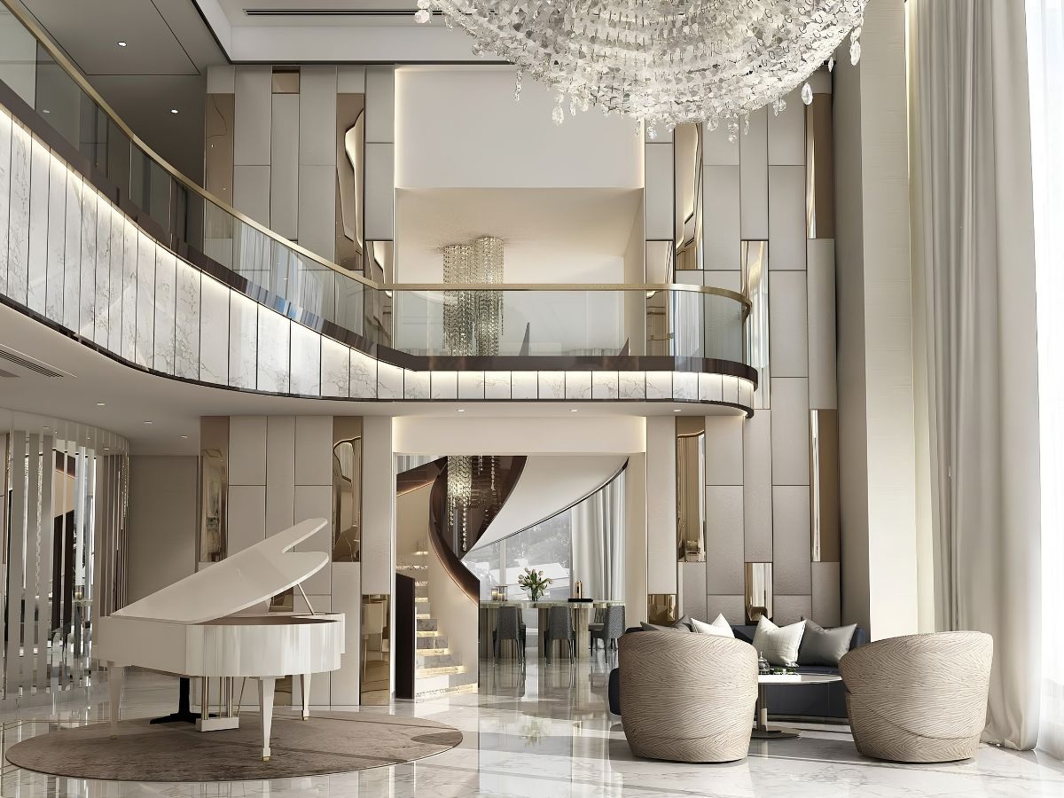 Không gian phòng khách thông tầng căn hộ penthouse Le Parc-Place ParkCity với đàn grand piano trắng và đèn chùm pha lê